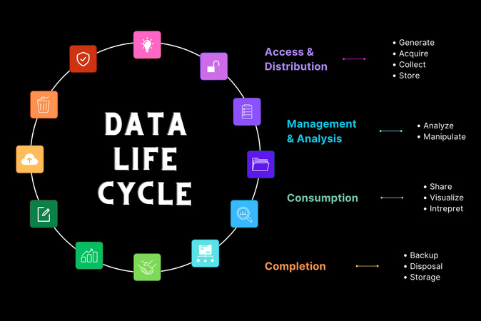 Circular data life cycle diagram showing access, management, consumption, and completion stages with key activities.