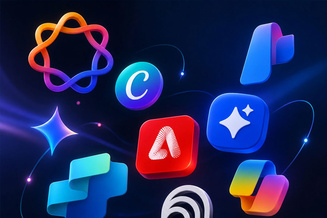 Collage of popular AI tool logos arranged in a modern floating layout on a dark, futuristic background.