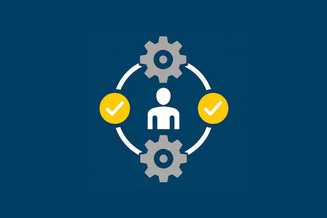 Person surrounded by gears and check marks, representing report governance, review, and lifecycle management.