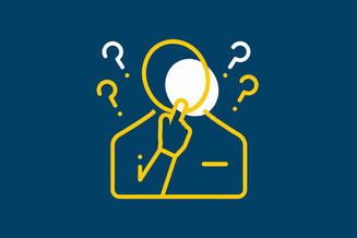 Stylized person with a hand on their chin surrounded by question marks, representing reporting a concern or issue.