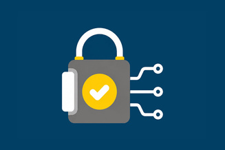 Padlock with a check mark and connected circuits representing secure, protected, and trusted data access.